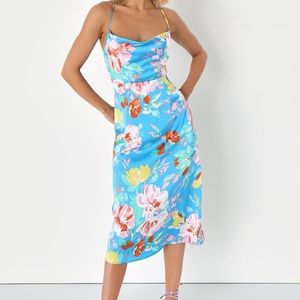 NWOT Lulus Flowering Forever Blue Floral Cowl Neck Backless Midi Dress